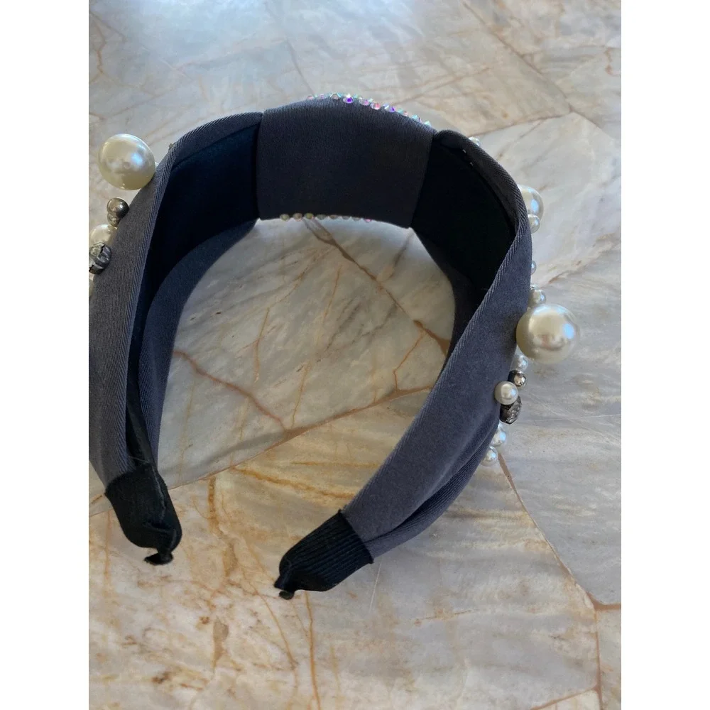 Charcoal Gray Knotted Headband with Faux Pearls Crystals and AB Rhinestones